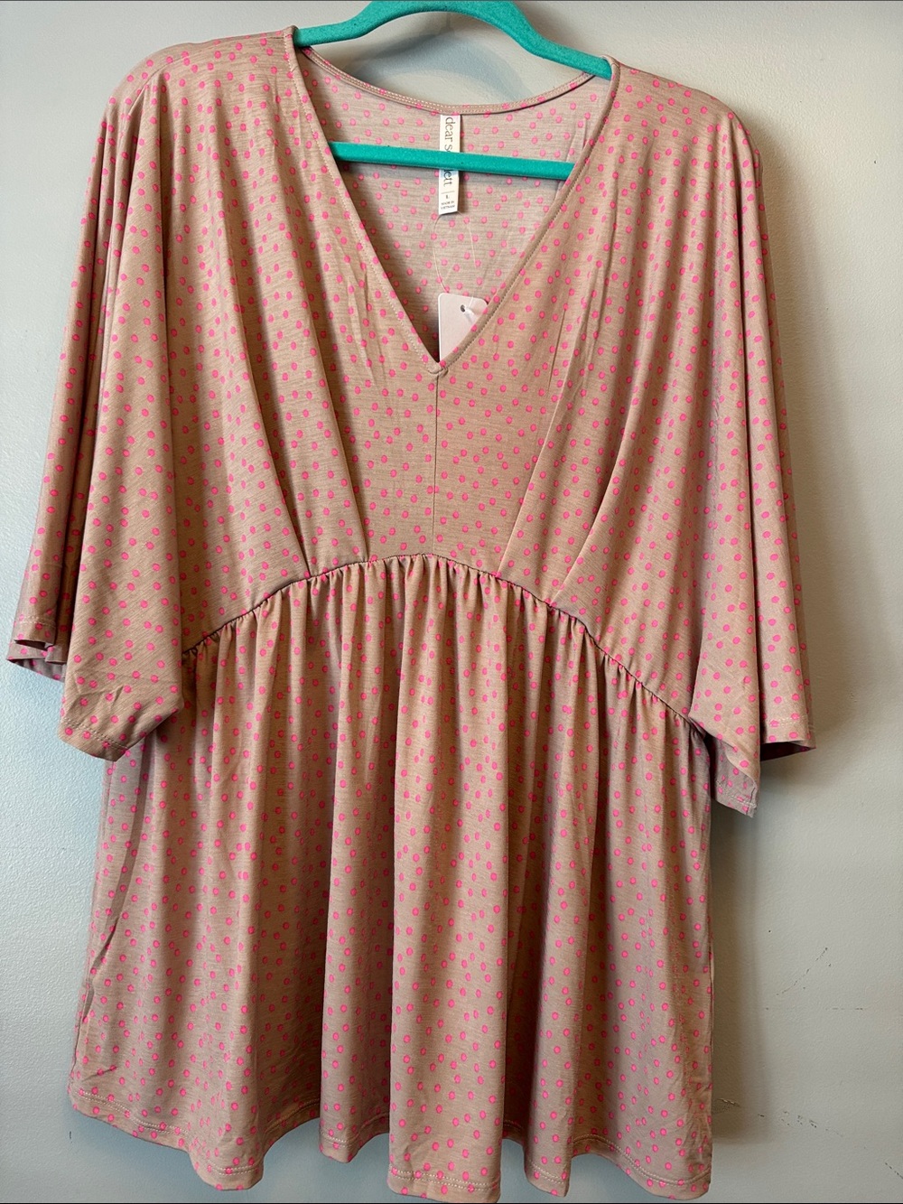 Scarlett Beige Tunic with Pink Polka Dots V-Neck